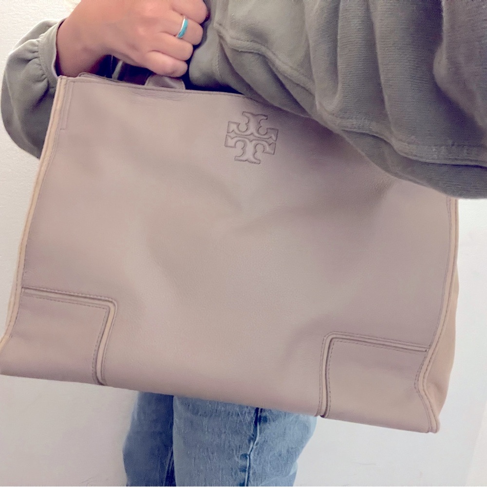 Tory Burch Ella Canvas Leather Tote French Gray